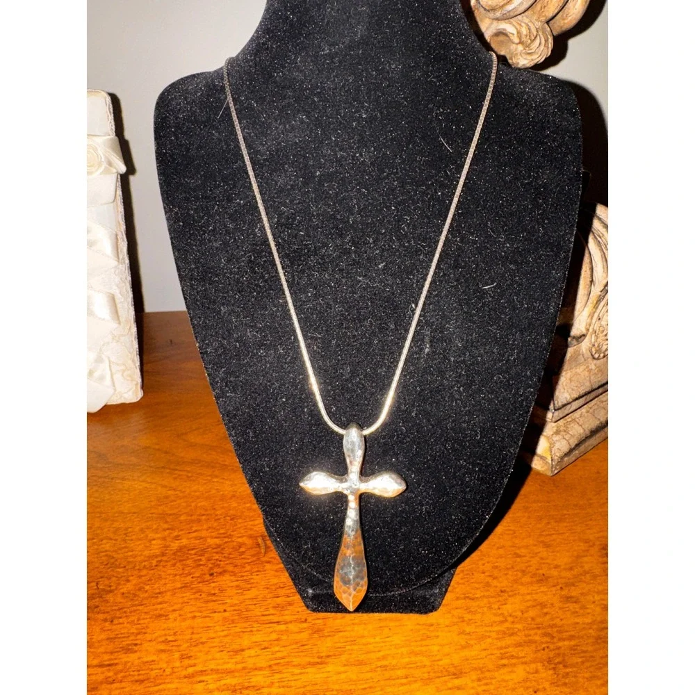 Brighton Sterling Silver Cross‎ Pendant Necklace Adjustable Snake Chain